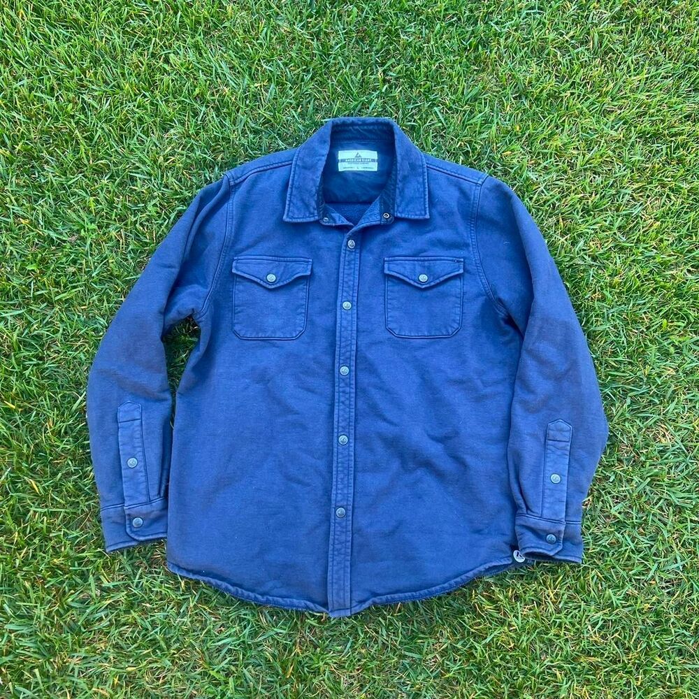 American Giant Blue thick pearl snap sweater button up made in usa mens size L